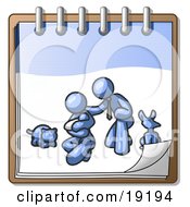 Blue Family Showing A Man Kneeling Beside His Wife And Newborn Baby With Their Dog And Cat On A Notebook Symbolizing Family Planning