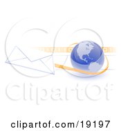 Blue Blue Globe With Shaded American Continents Against A Numeric Binary Code Bar And A Speeding Envelope Passing By With An Orange Trail Symbolizing Email And Internet Communications
