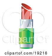 Clipart Illustration Of A Green And Chrome Tube Of Deep Red Lipstick With The Cap Off by AtStockIllustration