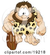 Hairy Muscular Prehistoric Caveman Wearing A Leopard Print Cloth And Leaning On A Club With A Cute Facial Expression