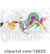 Clipart Illustration Of A Website Background Of Twisting Rainbows Arrows And Targets Over A Dotted Background
