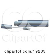 Clipart Illustration Of A Chrome Tube Of Eyelash Mascara Resting By An Applicator Wand by AtStockIllustration