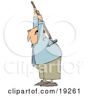 Poster, Art Print Of Bald White Businessman Scratching An Itch On His Back With A Garden Rake