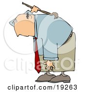 Bald White Businessman Bending Over And Scratching An Itch On His Back With A Back Scratcher