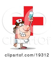 Clipart Illustration Of A Lady Nurse In A White Uniform Standing In Front Of A Big Red Cross And Holding Up A Big Needle And Syringe Of Medicine