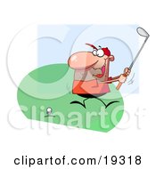 Clipart Illustration Of A Happy Guy Swinging His Golf Club And Teeing Off At The Course