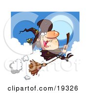 Ugly Female Witch In Brown With A Spider On Her Hat Flying Through The Clouds On Her Bromstick