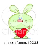 Poster, Art Print Of Cute Green Rabbit Holding A Red Heart Valentine