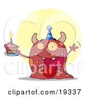 Hyper Partying Monster With Horns And Spots Wearing A Blue Party Hat And Holding A Cupcake With A Candle Lit At A Birthday Party