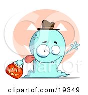 Goofy Blue Toothy Ghost Sticking His Tongue Out And Waving While Trick Or Treating With A Pumpkin Bucket