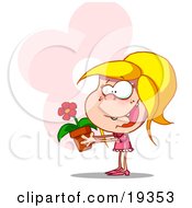 Happy Blond Girl In Pink Holding A Flower Pot With A Blooming Red Daisy