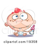 Blue Eyed And Red Haired Freckeled Baby Boy In A Diaper Holding A Bottle Of Formula With Snot Coming Out Of His Nose