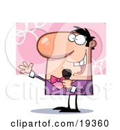 Clipart Illustration Of A Caucasian Guy In Pink And Purple Singing Into A Microphone While Performing On Stage At A Concert