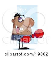 Clipart Illustration Of A Black Eyed Stubbled Missing Toothed Boxer Guy Wearing Red Gloves And Laughing