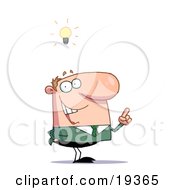 Clipart Illustration Of A Creative Thinking Businessman In A Green Suit And A Lighbulb Over His Head