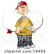 Poor And Hungry White Boy Wearing Patched Jeans Under A Yellow Shirt Holding A Bow And Arrow While Shooting At Birds For Food