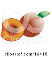 Poster, Art Print Of Whole Fuzzy Peach With A Green Leaf Beside A Cut Peach With The Pit On The Inside