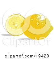 Clipart Illustration Of A Waxy Whole Ripe Yellow Lemon With Waterdrops Reflecting Light And Resting In Front Of A Juicy Sliced Lemon by Vitmary Rodriguez