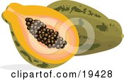 Poster, Art Print Of Cut And Halved Pice Of Payapa With Seeds In The Center Resting Against A Whole Pawpaw Fruit