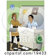 Clipart Illustration Of A Rude Female Customer Talking On Her Cell Phone And Holding Up A Finger While Making A Customer Service Man Wait To Assist Her by Vitmary Rodriguez