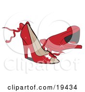 Poster, Art Print Of Pair Of Feminine Shiny Red Open Toe High Heeled Shoes With Bows And Ribbons