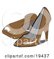 Poster, Art Print Of Pair Of Feminine Shiny Orange Closed Toe High Heeled Shoes In A Ladies Closet