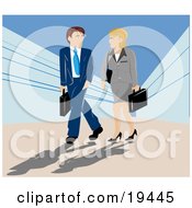 Poster, Art Print Of Caucasian Man And Woman Carrying Briefcases And Chatting While On Their Way Into A Building