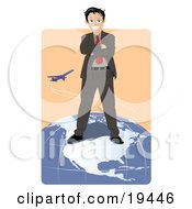 Clipart Illustration Of A Successful Businessman Standing On Top Of The North American Continent On A Globe While A Plane Flies In The Background