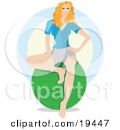 Beautiful Blond Yoga Instructor Seated On Top Of A Green Exercise Ball And Waiting For Gym Members To Enter The Fitness Room