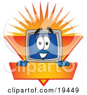 Poster, Art Print Of Desktop Computer Mascot Cartoon Character Logo Showing The Monitor Smiling Over An Orange And Yellow Banner Against A Sunburst