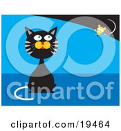 Clipart Illustration Of A Black And Gray Cat Sitting And Pretending He Doesnt Know A Mouse Is Behind Him While The Mouse Creeps Forward