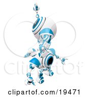 Blue And White Spycam Robot Climbing On Top Of Another To Reach A Goal Symbolizing Success Achievement Ambition And Teamwork