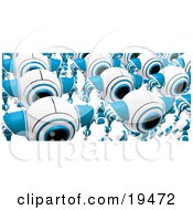 Clipart Illustration Of A Group Of Marching Blue And White Webcams Just Off The Assembly Line