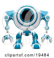 Poster, Art Print Of Blue And White Spybot Standing And Facing Front Alert And Watching Out For Trouble