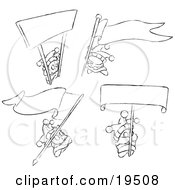 Clipart Illustration Of Miniature Jester Skwidgets Holding Blank Signs And Banners by Leo Blanchette