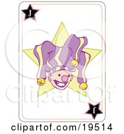Clipart Illustration Of A Smiley Faced Jester In A Purple And Yellow Hat On A Joker Playing Card