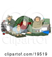 Poster, Art Print Of Happy Group Of Camping Buddy Guys Cooking And Napping While Enjoying A Wife Free Weekend