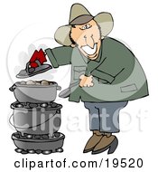 Poster, Art Print Of Happy White Guy Cooking On A Dutch Oven While Camping Outdoors