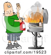 Cartoon White Man Using A Fire Extinguisher To Put Out Flaming Meat Patties On A Bbq Grill