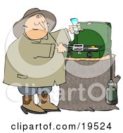 Poster, Art Print Of Happy Man Sniffing The Aroma Of Eggs While Cooking Breakfast On A Propane Camping Stove