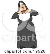 Clipart Illustration Of A Playful Nun In Black And White Using Her Hands To Pry Open Her Mouth As Big As She Can To Make Funny Faces