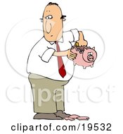 Clipart Illustration Of A White Guy In A Business Suit Taking Coins Out Of A Broken Piggy Bank To Collect Enough Money To Support A Bad Habit