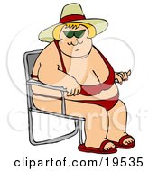 Clipart Illustration Of A Pleasantly Plump Blond White Lady In A Red Bikini Hat And Sandals Seated In A Beach Chair And Enjoying Summer Weather