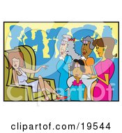 Clipart Illustration Of A Group Of Ladies Surrounding One Woman Who Is Sitting In A Chair And Talking About Herself While Others Dance And Chat In The Background
