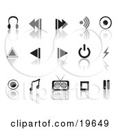 Collection Of Black Media Icons On A Reflective White Background