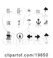 Collection Of Black Misc Icons On A Reflective White Background