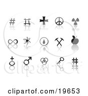 Collection Of Black Symbol Icons On A Reflective White Background