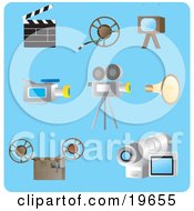 Collection Of Filming Picture Icons On A Blue Background