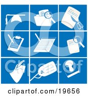 Clipart Illustration Of A Collection Of White Office Picture Icons On A Blue Background by Rasmussen Images