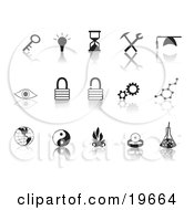 Collection Of Black Random Icons On A Reflective White Background